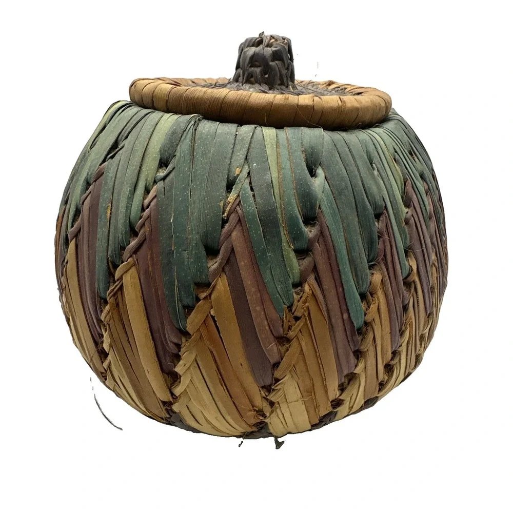 Vintage Hand Woven Covered Basket Storage Container 5 1/2 Inches Tall